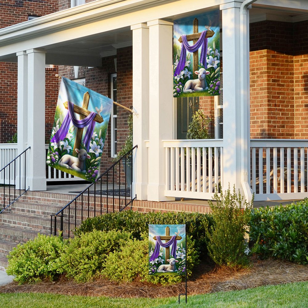 Easter Day Lamb Purple Cloth On Cross Flag - Religious House Flags