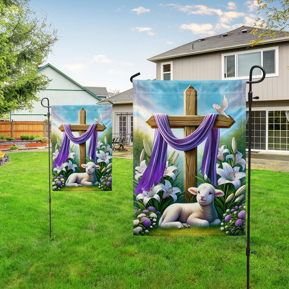 Easter Day Lamb Purple Cloth On Cross Flag - Religious House Flags