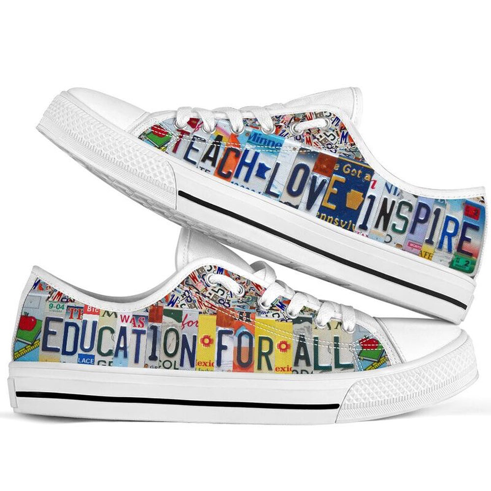 Education For All Inspire License Plates Low Top Shoes, Teacher Shoes, Low Top Sneakers