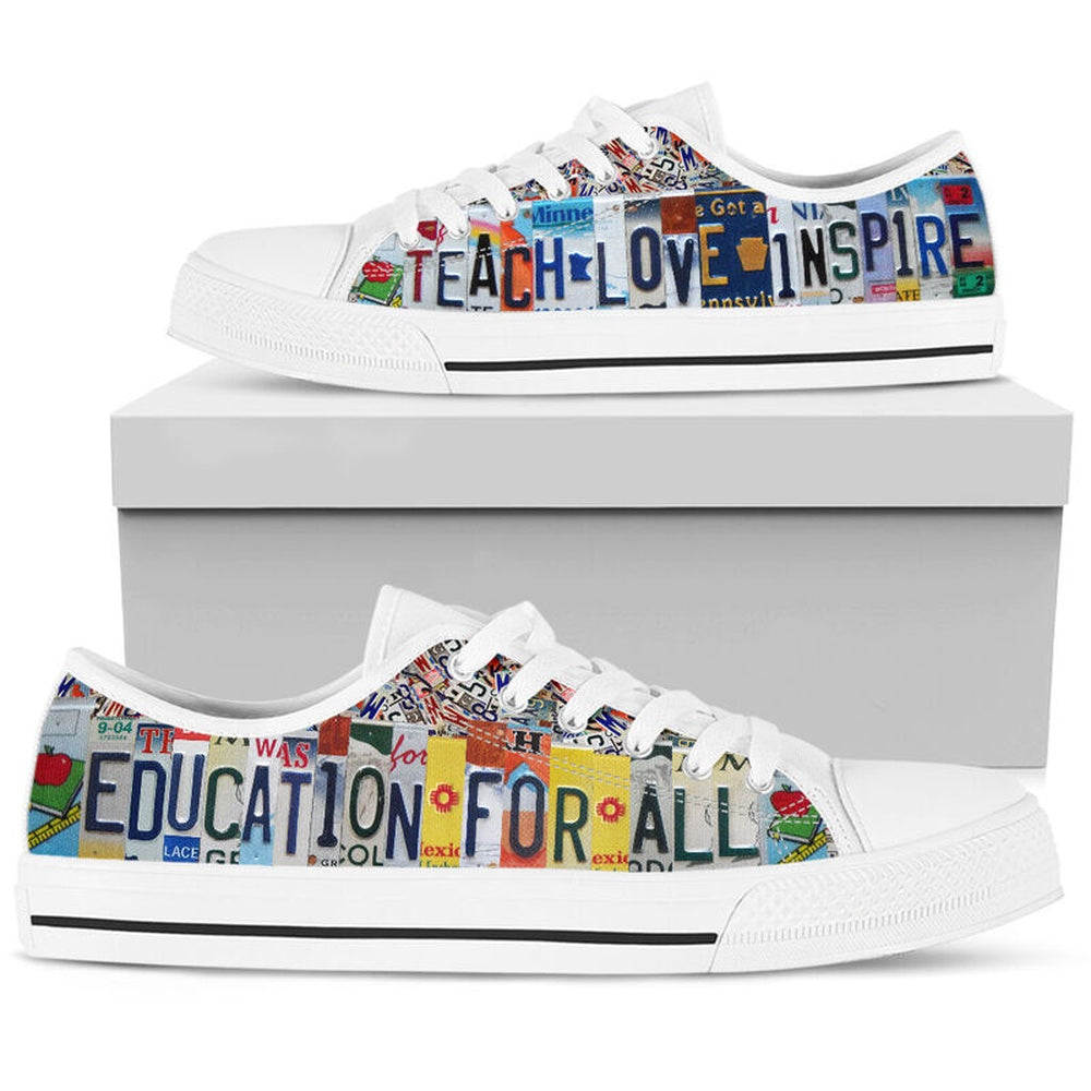 Education For All Inspire License Plates Low Top Shoes, Teacher Shoes, Low Top Sneakers