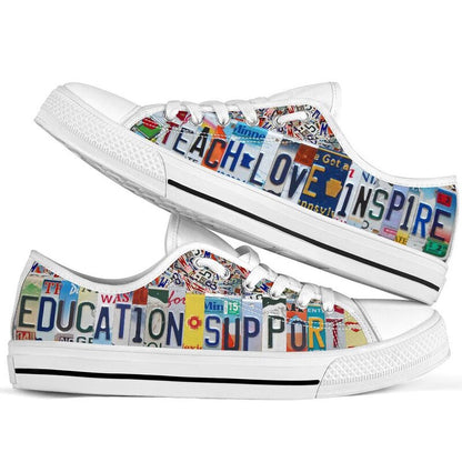Education Support Inspire License Plates Low Top Shoes, Teacher Shoes, Low Top Sneakers