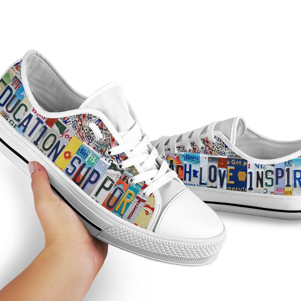 Education Support Inspire License Plates Low Top Shoes, Teacher Shoes, Low Top Sneakers