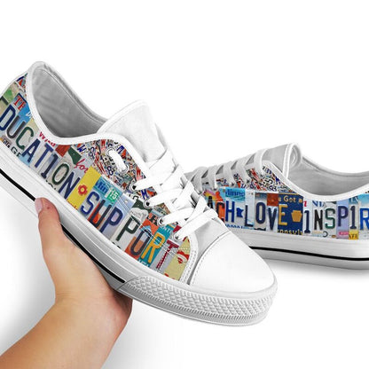 Education Support Inspire License Plates Low Top Shoes, Teacher Shoes, Low Top Sneakers
