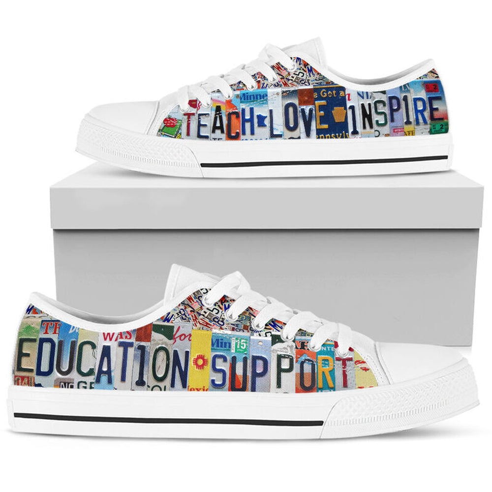 Education Support Inspire License Plates Low Top Shoes, Teacher Shoes, Low Top Sneakers