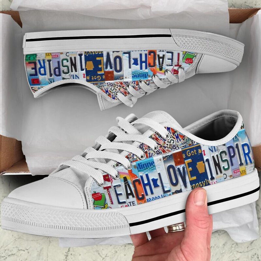 Education Support Inspire License Plates Low Top Shoes, Teacher Shoes, Low Top Sneakers