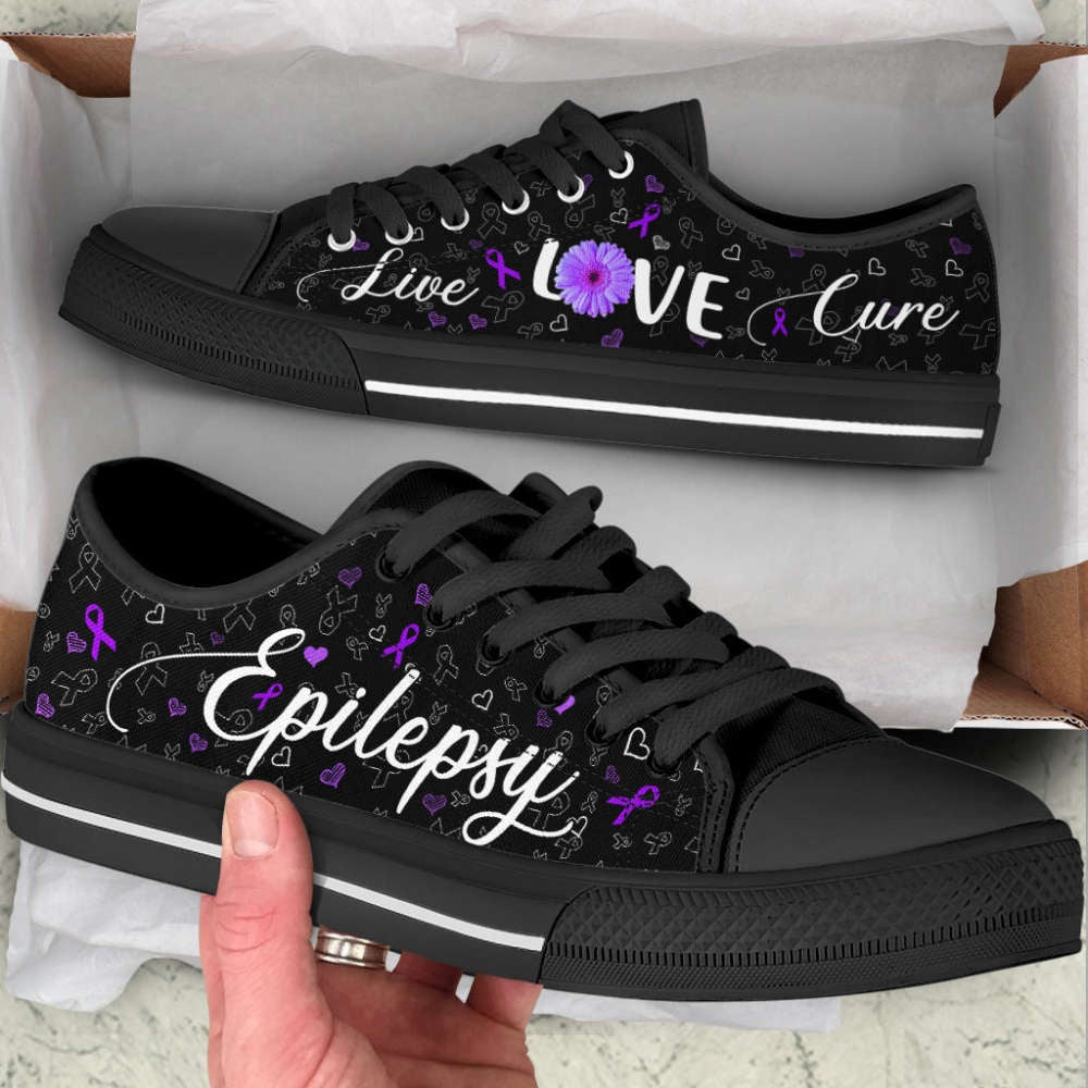Epilepsy Shoes Live Love Cure Ribbon Heart Low Top Shoes Canvas Shoes, Breast Cancer Awareness Shoes