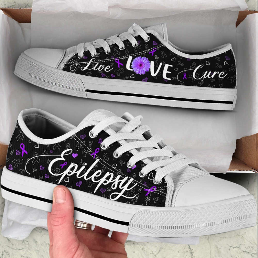 Epilepsy Shoes Live Love Cure Ribbon Heart Low Top Shoes Canvas Shoes, Breast Cancer Awareness Shoes