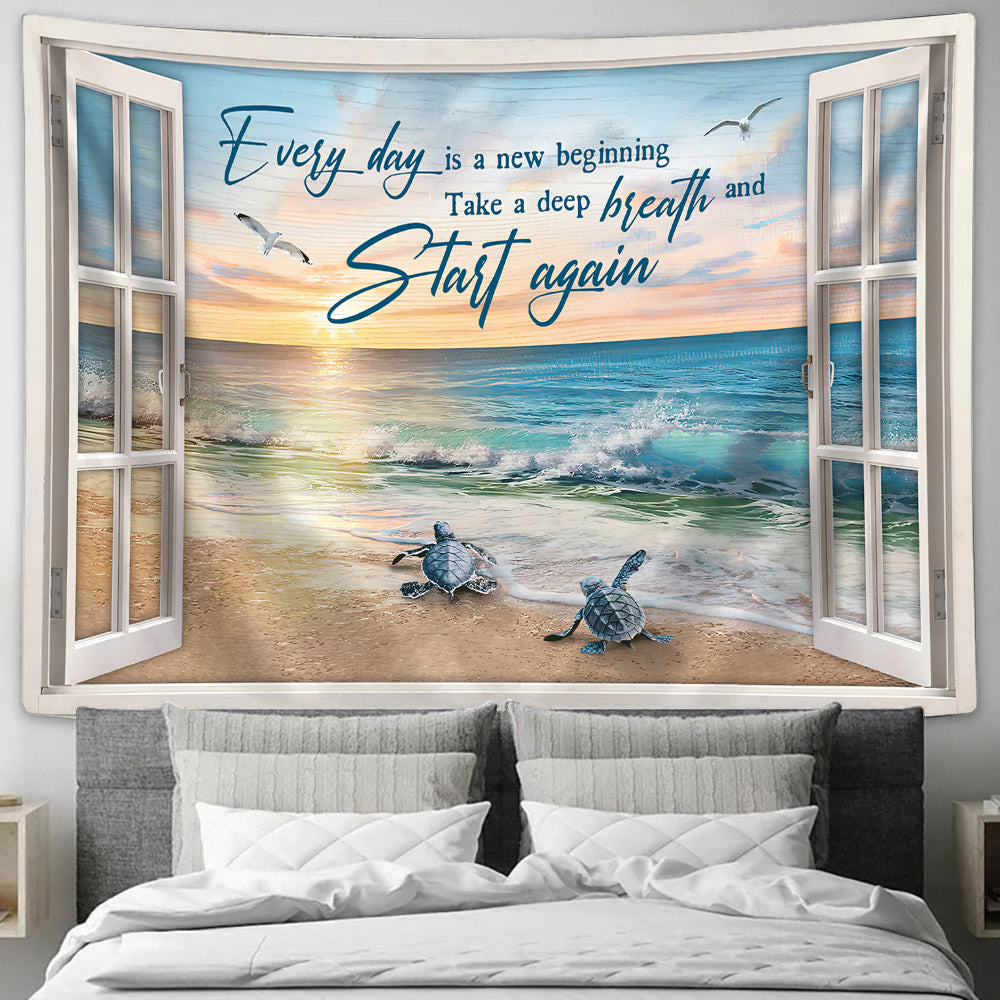 Every Day Is A New Beginning Beach Painting Sea Turtles Tapestry - Bible Verse Tapestry