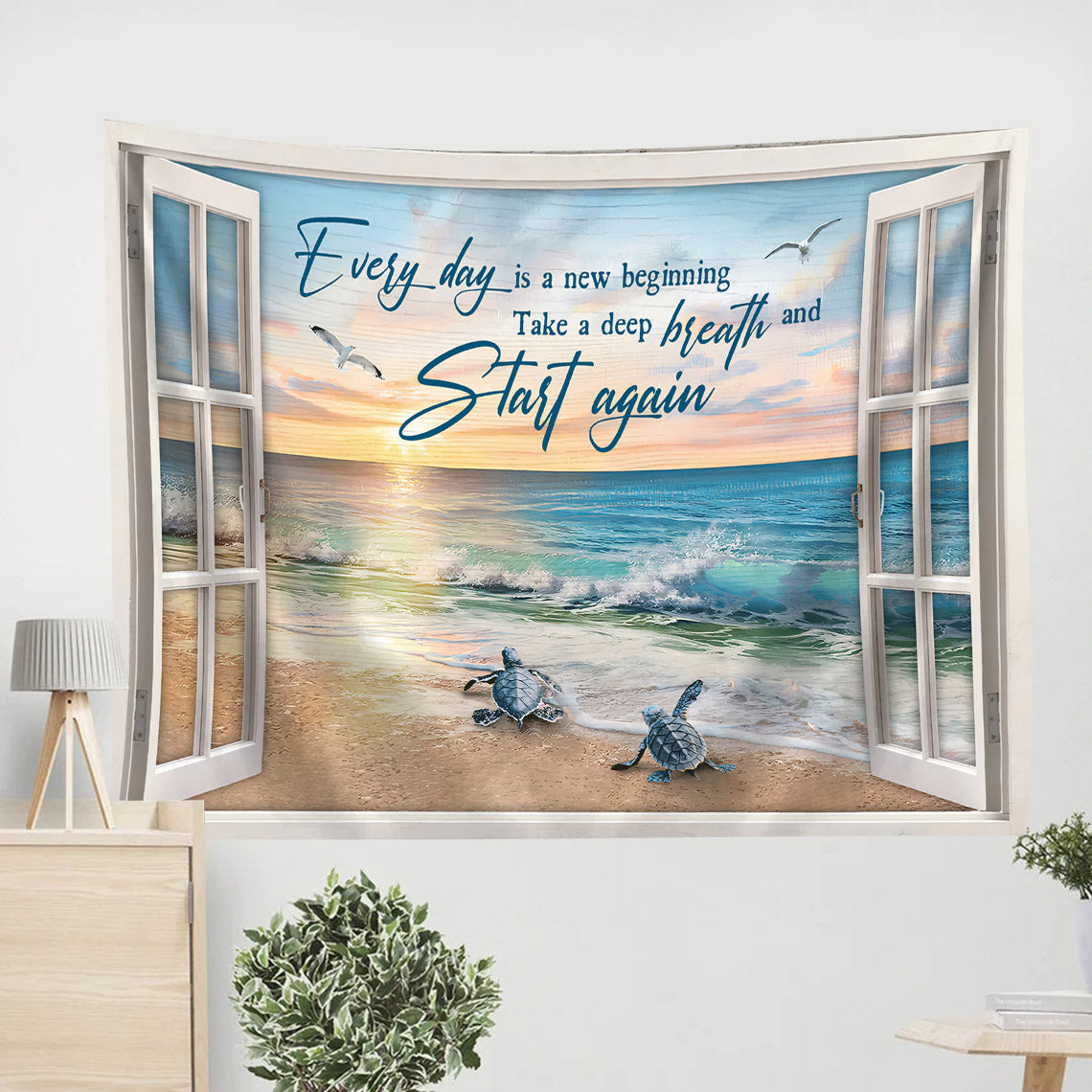 Every Day Is A New Beginning Beach Painting Sea Turtles Tapestry - Bible Verse Tapestry