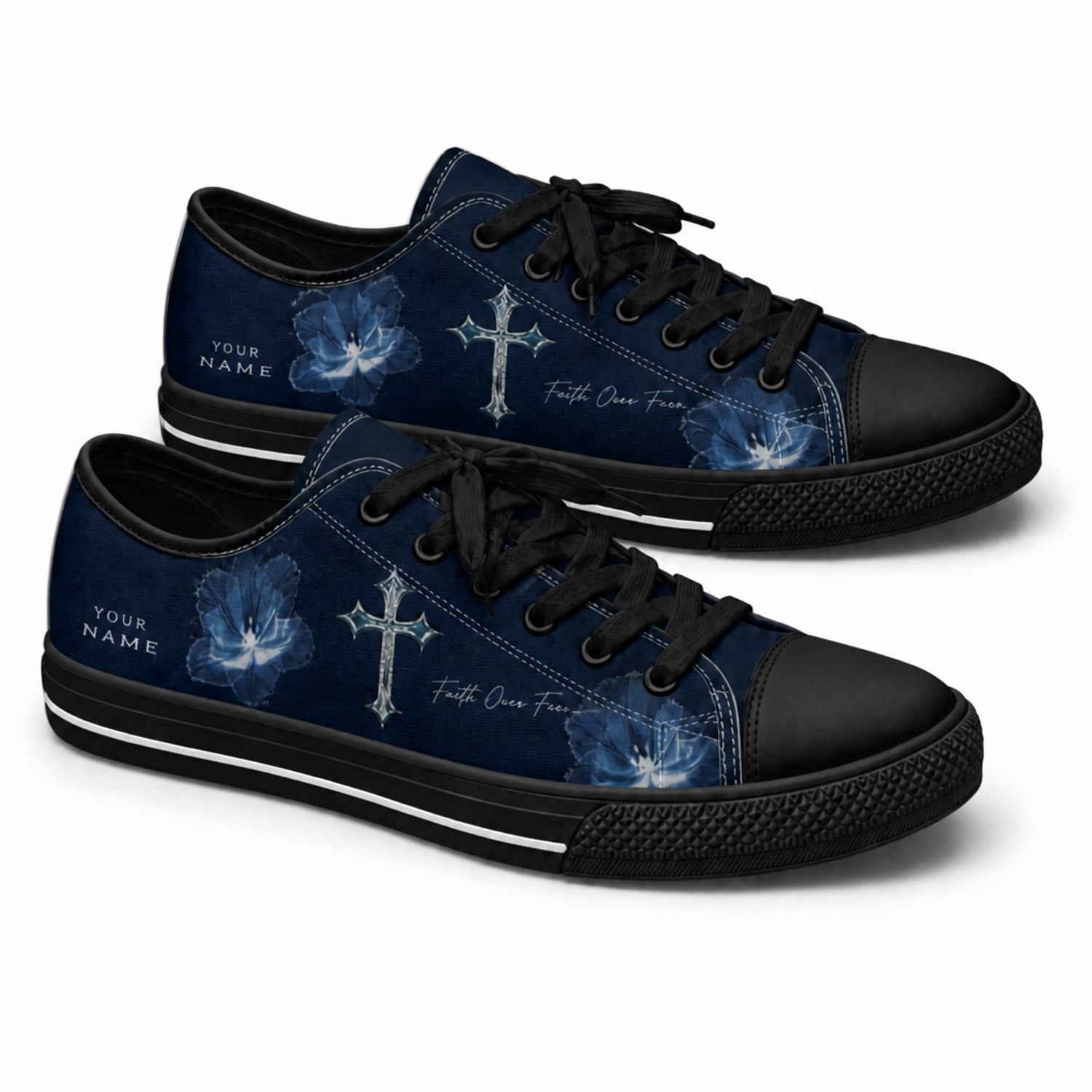 Faith Cross Floral Graphic Personalized Low Top Shoes black shoes    