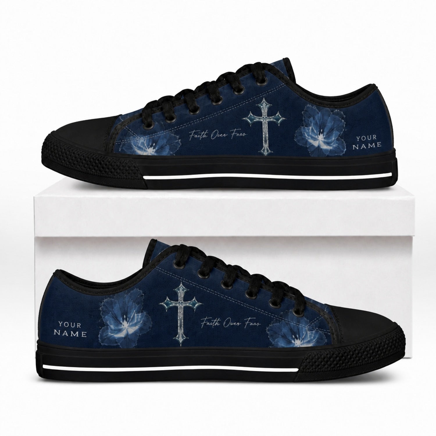 Faith Cross Floral Graphic Personalized Low Top Shoes box black    