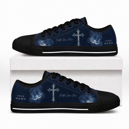 Faith Cross Floral Graphic Personalized Low Top Shoes box black    