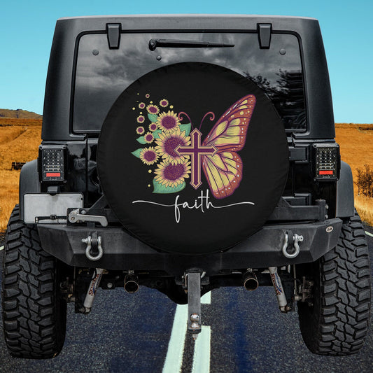 Faith Cross Sunflower Butterfly Christian Spare Tire Cover - Christian Tire Cover