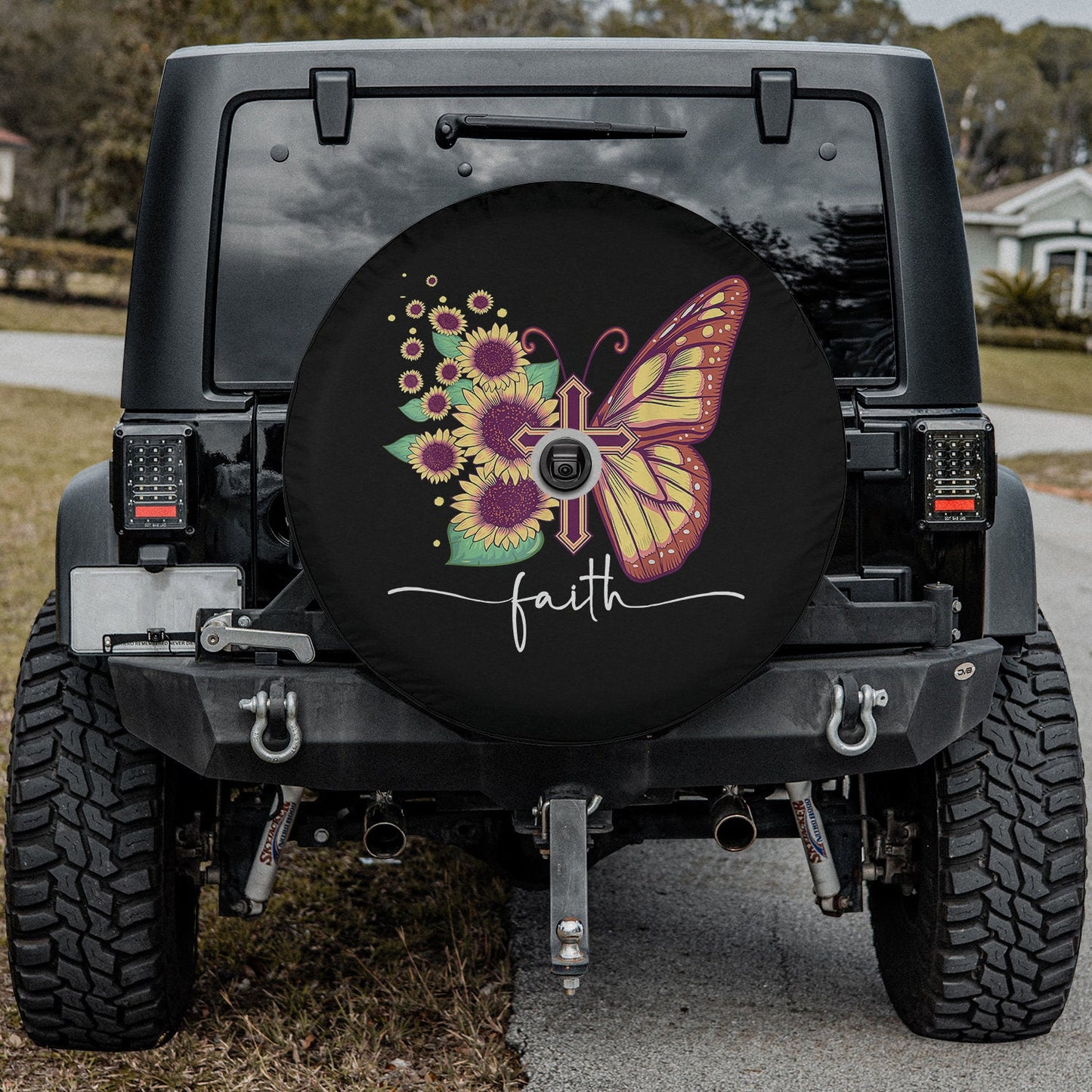 Faith Cross Sunflower Butterfly Christian Spare Tire Cover - Christian Tire Cover