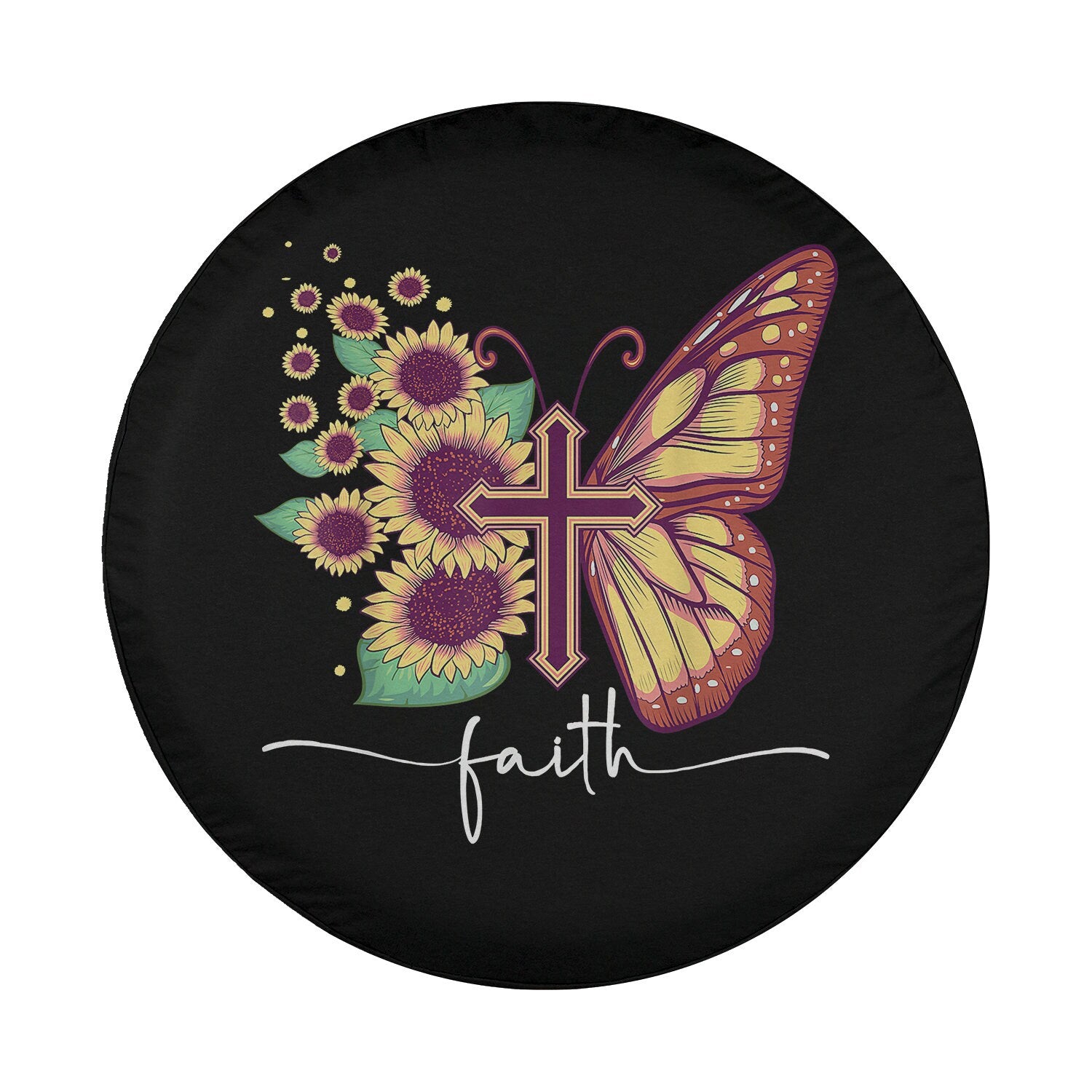 Faith Cross Sunflower Butterfly Christian Spare Tire Cover - Christian Tire Cover