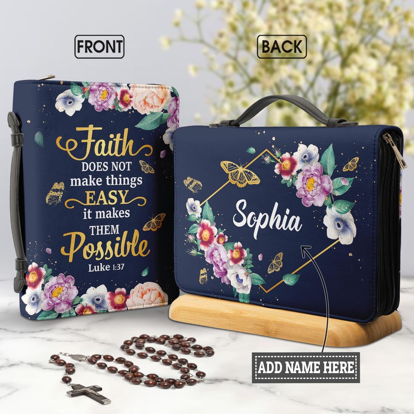 Faith Does Not Make Things Easy Luke 1 37 Butterfly Flower Personalized Bible Covers - Custom Bible Case Christian Pastor