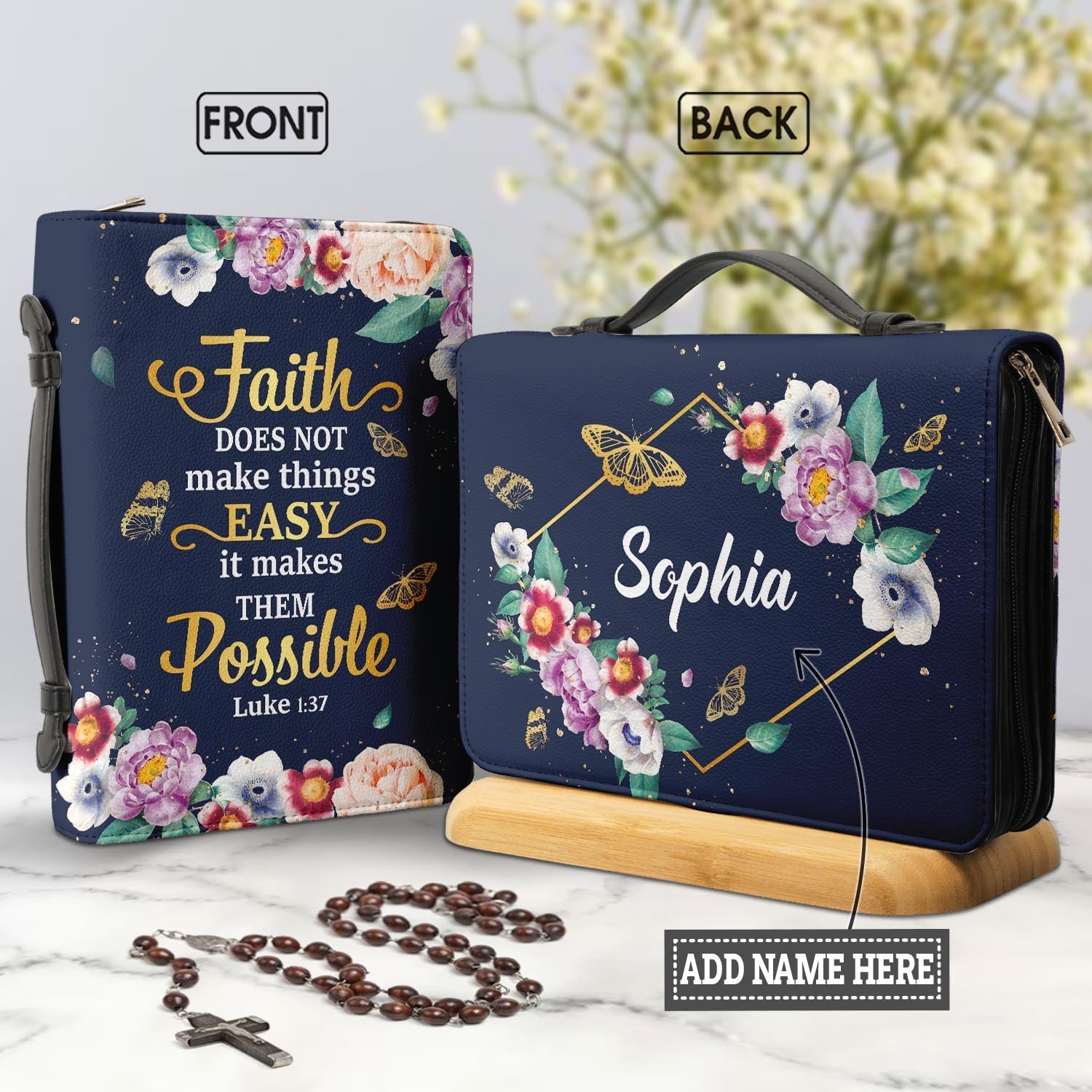 Faith Does Not Make Things Easy Luke 1 37 Butterfly Flower Personalized Bible Covers - Custom Bible Case Christian Pastor