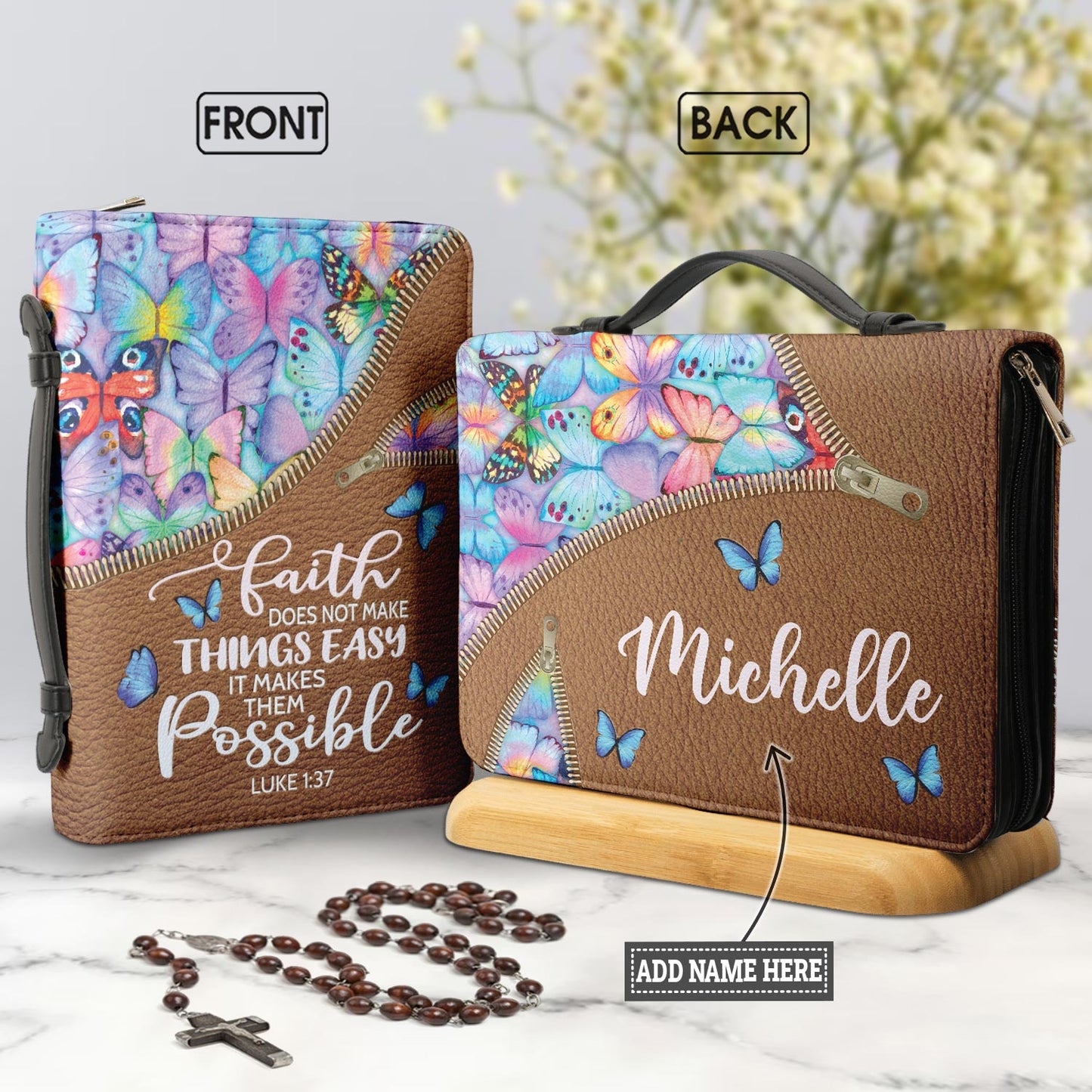 Faith Does Not Make Things Easy Luke 1 37 Butterfly Pattern Personalized Bible Covers - Custom Bible Case Christian Pastor