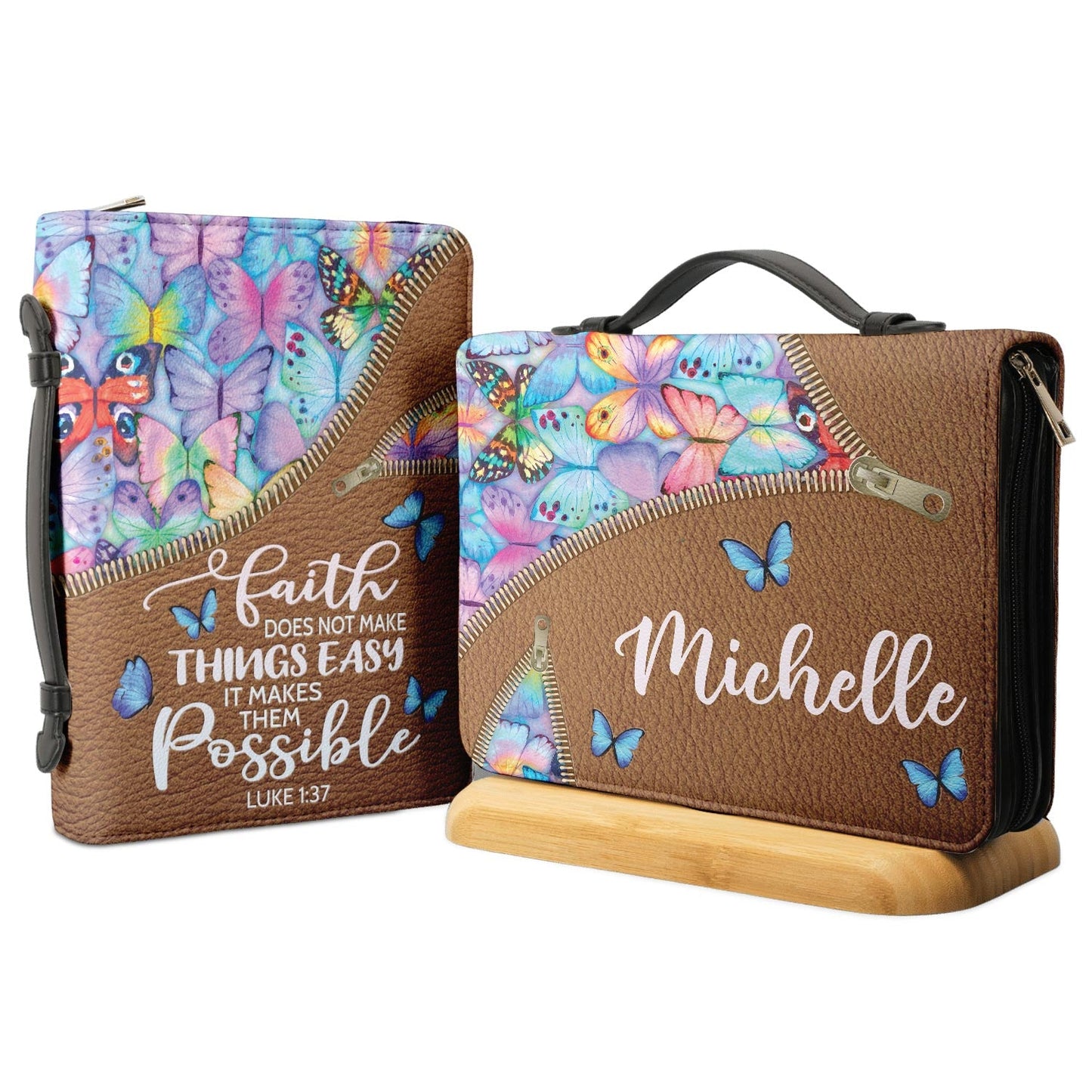 Faith Does Not Make Things Easy Luke 1 37 Butterfly Pattern Personalized Bible Covers - Custom Bible Case Christian Pastor