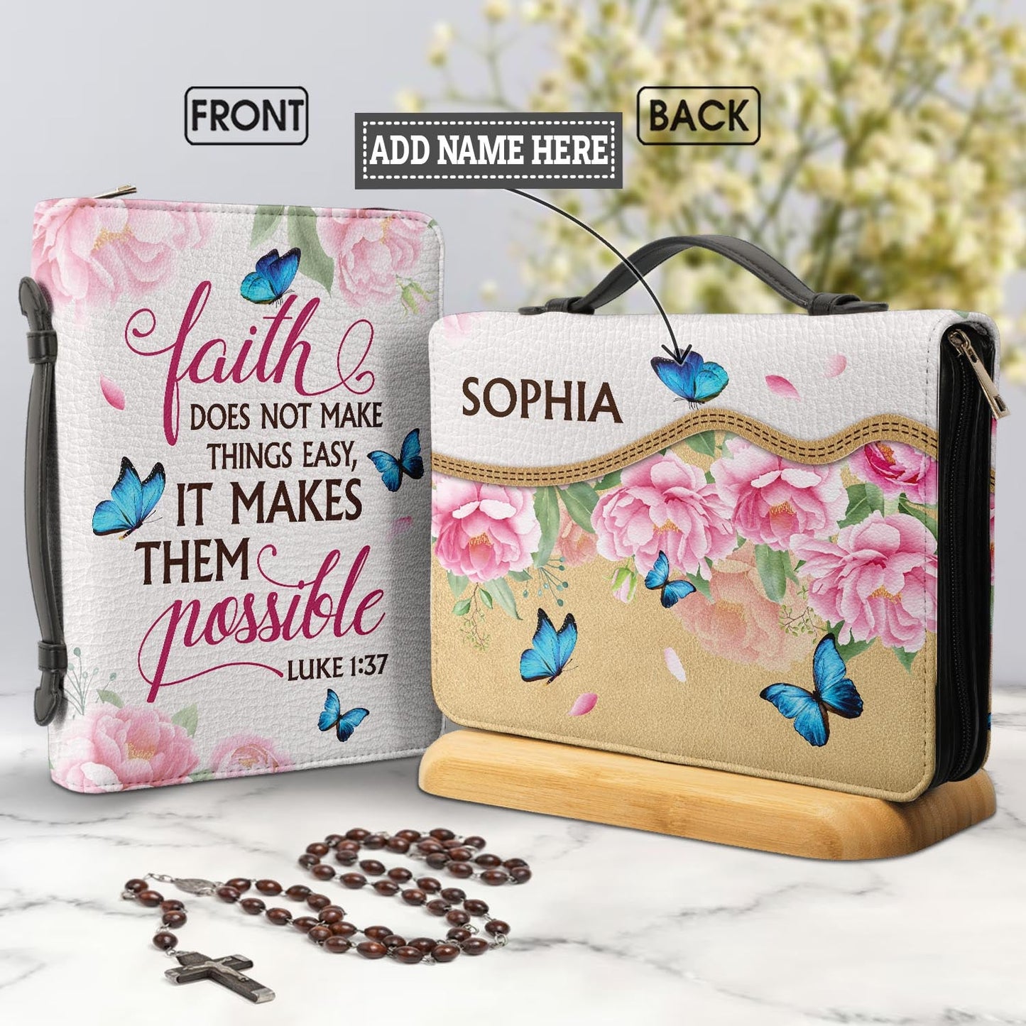 Faith Does Not Make Things Easy Luke 1 37 Butterfly Peony Personalized Bible Covers - Custom Bible Case Christian Pastor