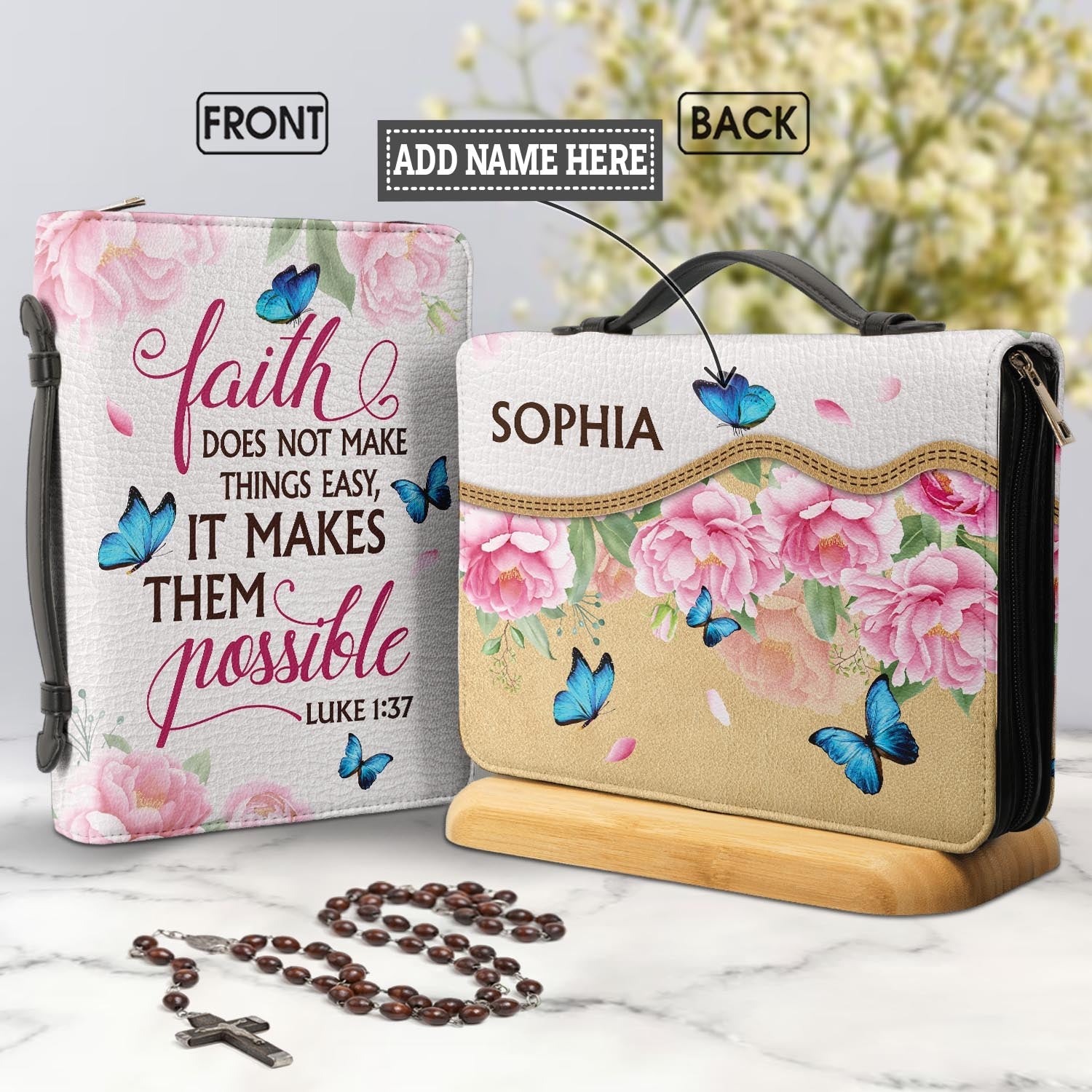 Faith Does Not Make Things Easy Luke 1 37 Butterfly Peony Personalized Bible Covers - Custom Bible Case Christian Pastor