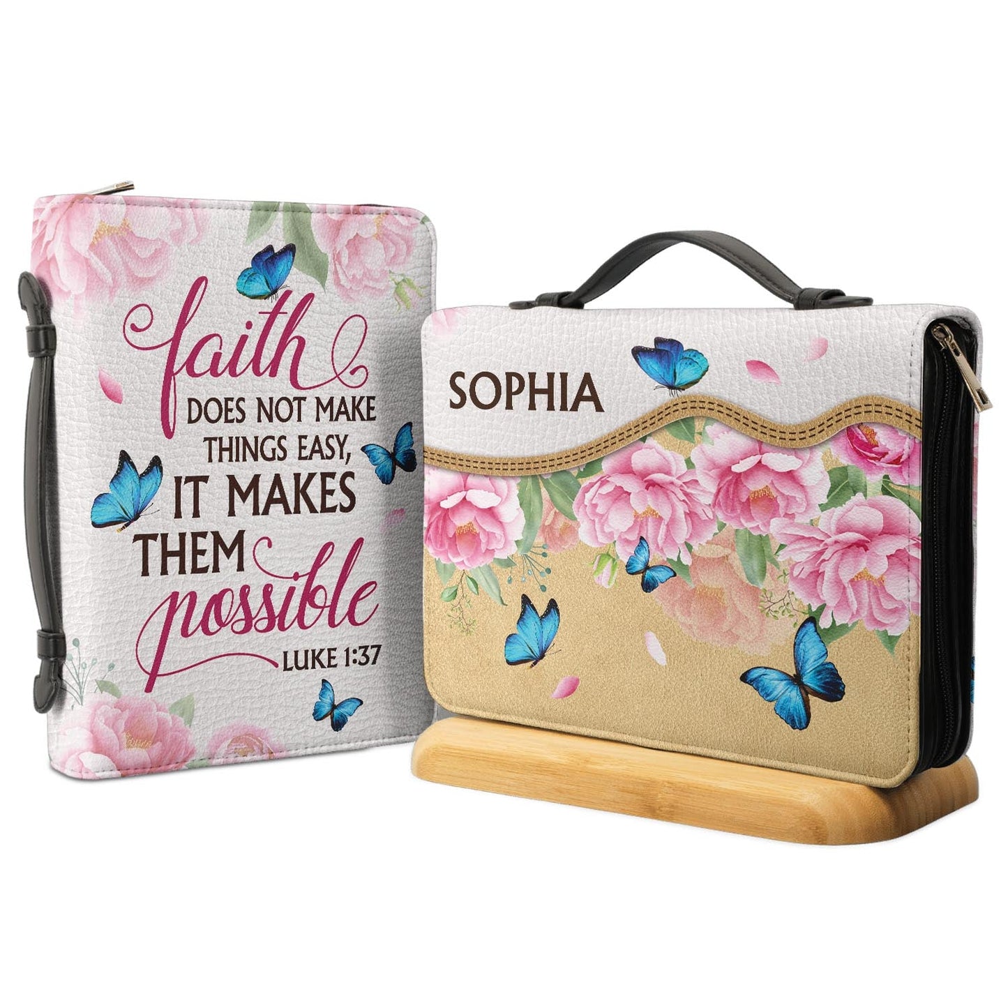 Faith Does Not Make Things Easy Luke 1 37 Butterfly Peony Personalized Bible Covers - Custom Bible Case Christian Pastor
