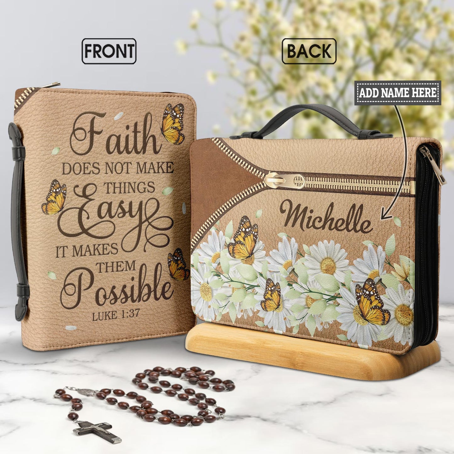 Faith Does Not Make Things Easy Luke 1 37 Daisy Butterfly Personalized Bible Covers - Custom Bible Case Christian Pastor