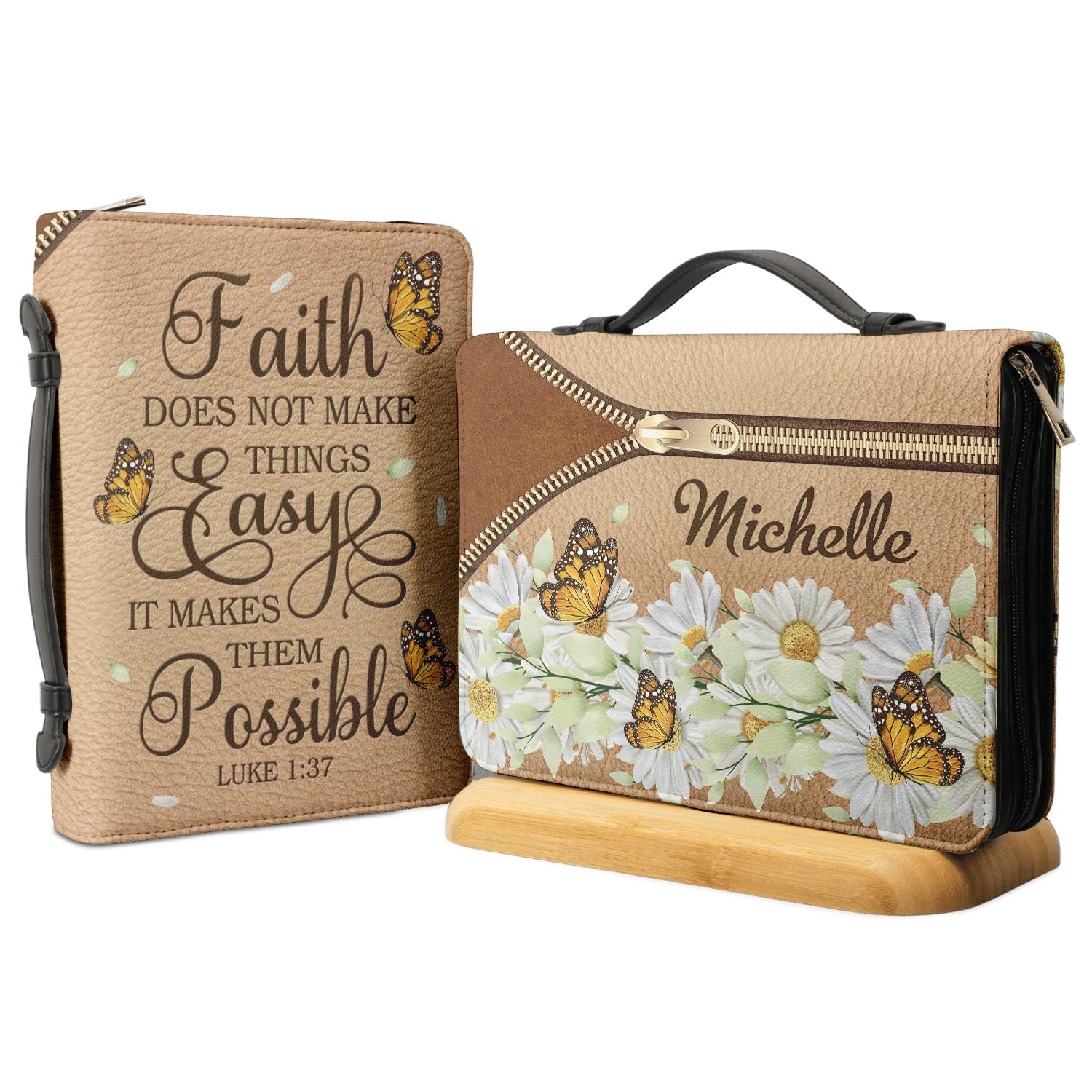 Faith Does Not Make Things Easy Luke 1 37 Daisy Butterfly Personalized Bible Covers - Custom Bible Case Christian Pastor