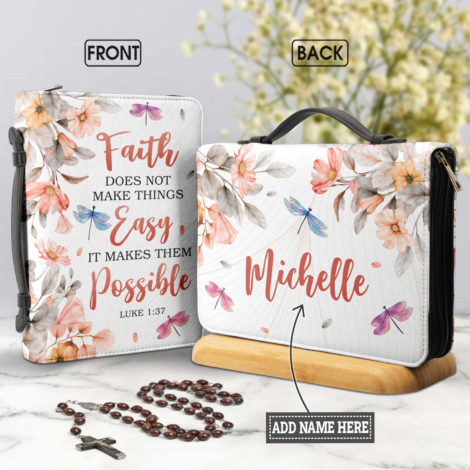 Faith Does Not Make Things Easy Luke 1 37 Dragonfly Flower Personalized Bible Covers - Custom Bible Case Christian Pastor