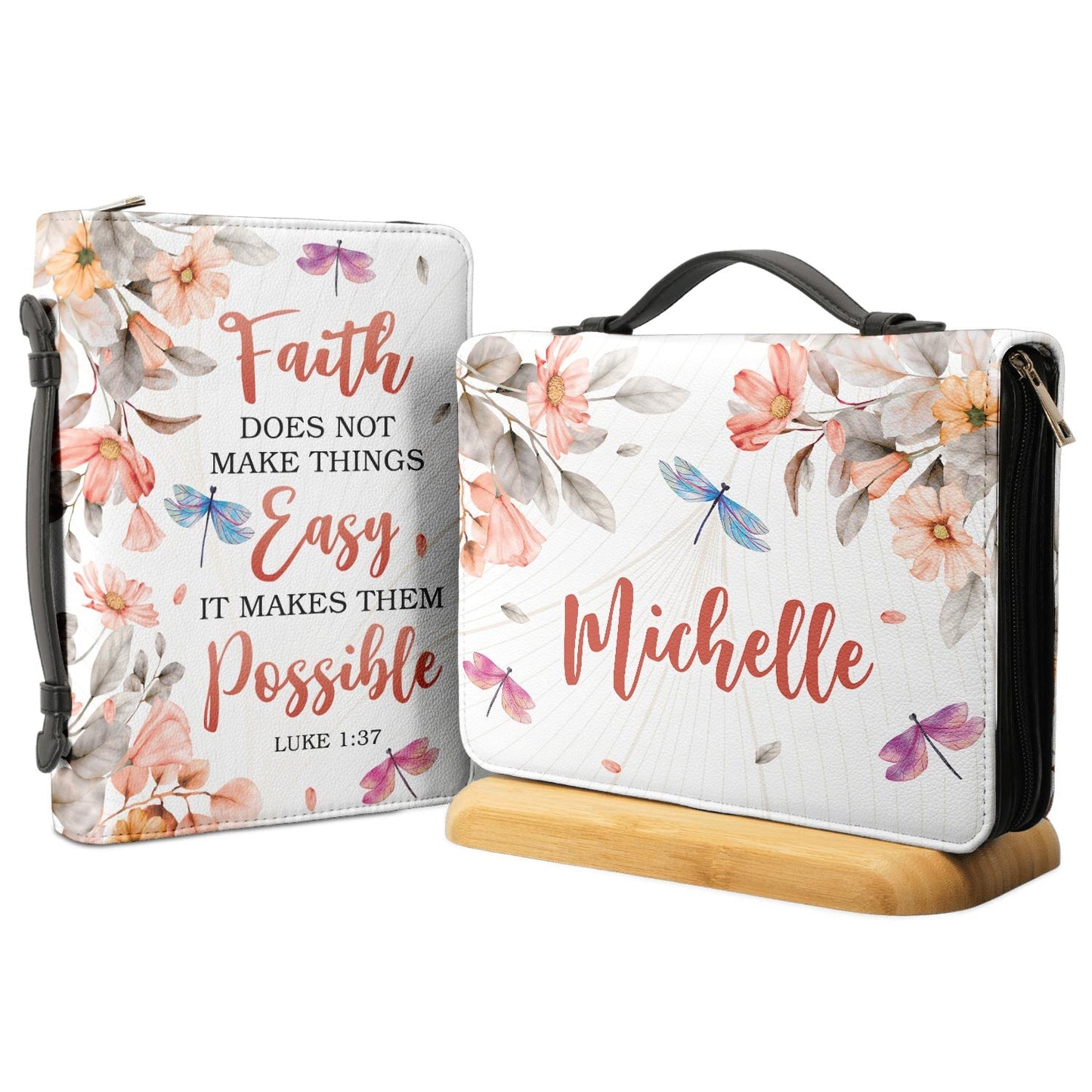 Faith Does Not Make Things Easy Luke 1 37 Dragonfly Flower Personalized Bible Covers - Custom Bible Case Christian Pastor