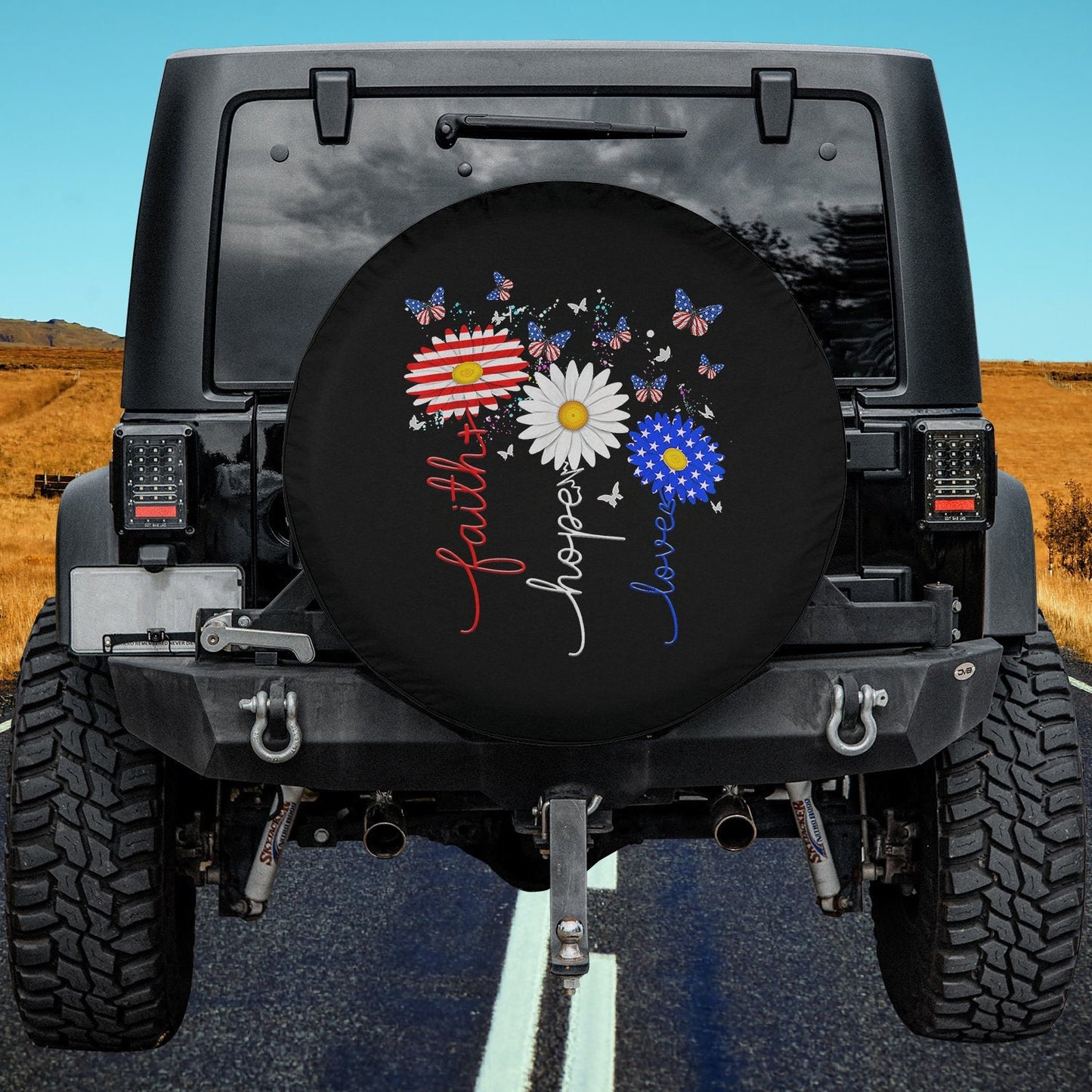 Faith Hope Love Butterfly Daisy 4th Of July Christians God Spare Tire Cover - Christian Tire Cover