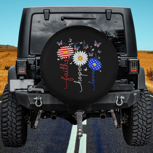 Faith Hope Love Butterfly Daisy 4th Of July Christians God Spare Tire Cover - Christian Tire Cover
