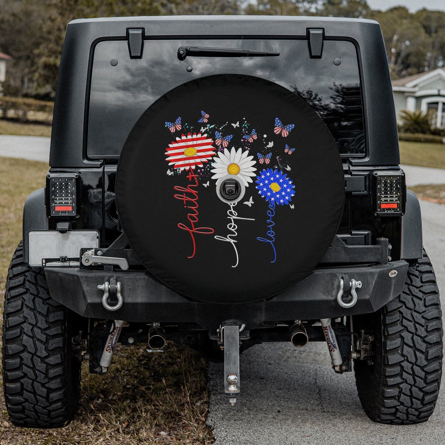Faith Hope Love Butterfly Daisy 4th Of July Christians God Spare Tire Cover - Christian Tire Cover