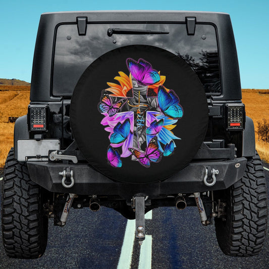 Faith Hope Love God Jesus Christ Cross Butterflies Floral Spare Tire Cover - Christian Tire Cover