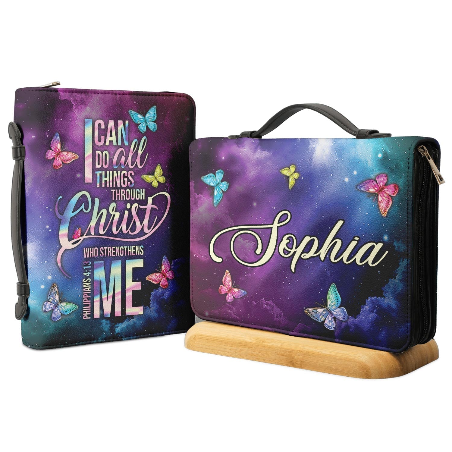 Faith I Can Do All Things Through Christ Philippians 413 Butterfly Galaxy Personalized Bible Covers - Custom Bible Case Christian Pastor