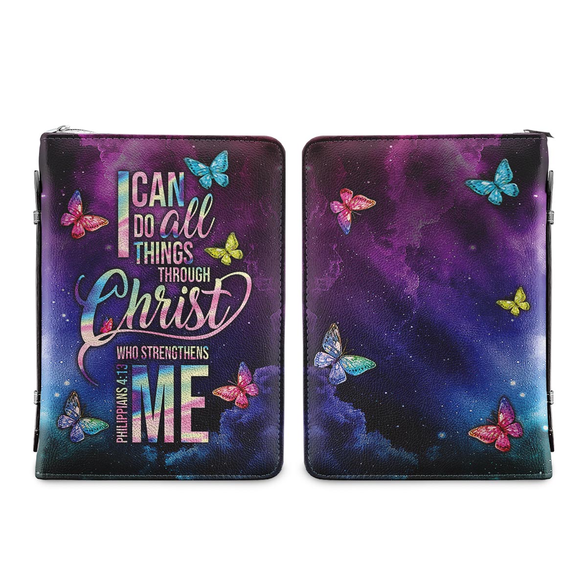 Faith I Can Do All Things Through Christ Philippians 413 Butterfly Galaxy Personalized Bible Covers - Custom Bible Case Christian Pastor