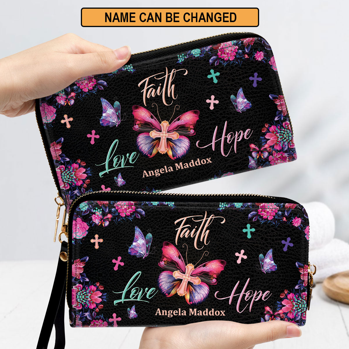 Faith Love Hope Butterfly Cross Personalized Clutch Purse - Christian Gifts For Religious Women