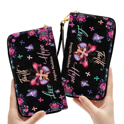 Faith Love Hope Butterfly Cross Personalized Clutch Purse - Christian Gifts For Religious Women