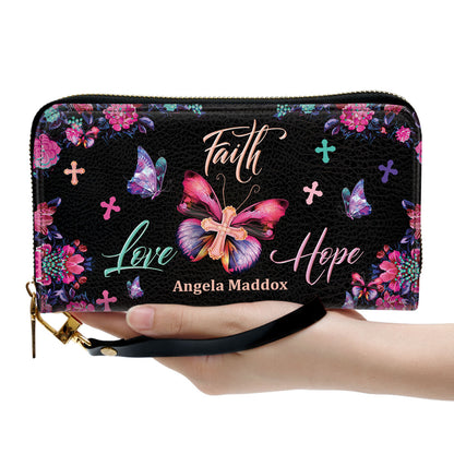 Faith Love Hope Butterfly Cross Personalized Clutch Purse - Christian Gifts For Religious Women