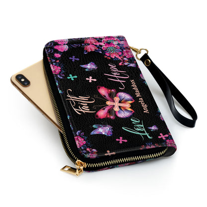 Faith Love Hope Butterfly Cross Personalized Clutch Purse - Christian Gifts For Religious Women