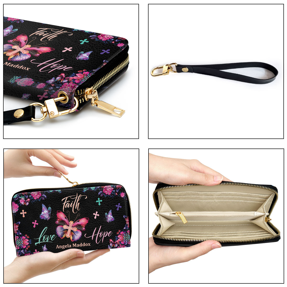 Faith Love Hope Butterfly Cross Personalized Clutch Purse - Christian Gifts For Religious Women