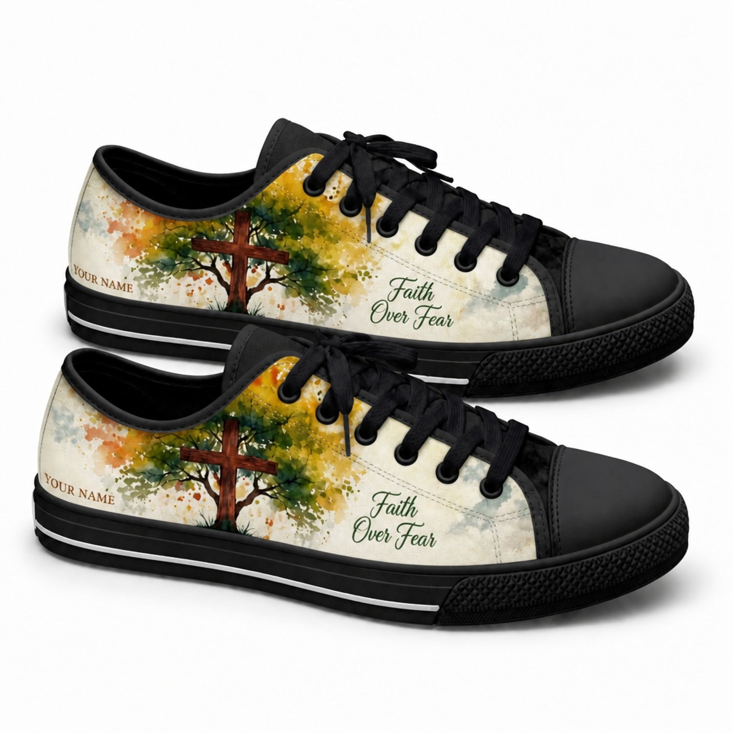 Faith Over Fear Cross Artistic Personalized Low Top Shoes black shoes  