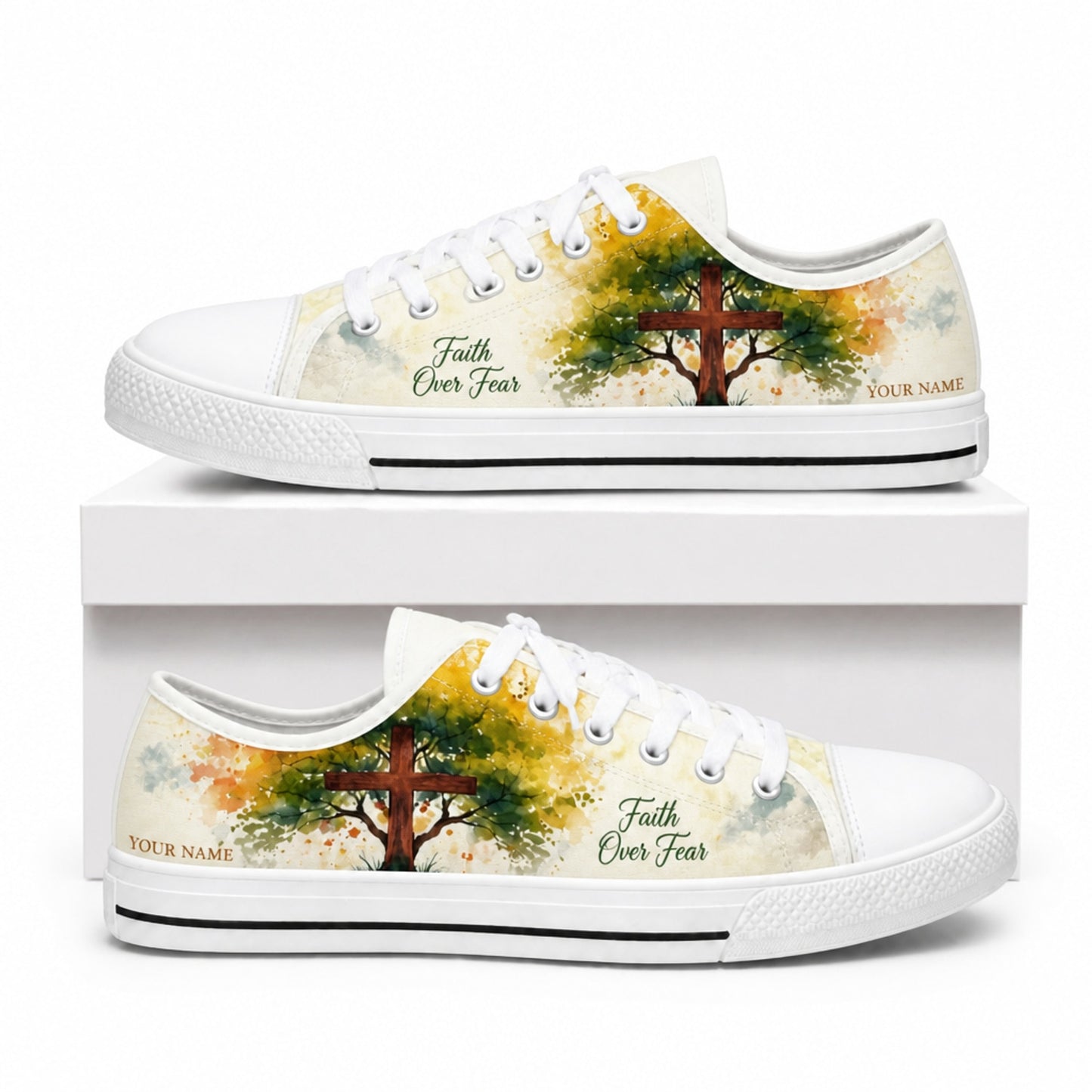 Faith Over Fear Cross Artistic Personalized Low Top Shoes box white  