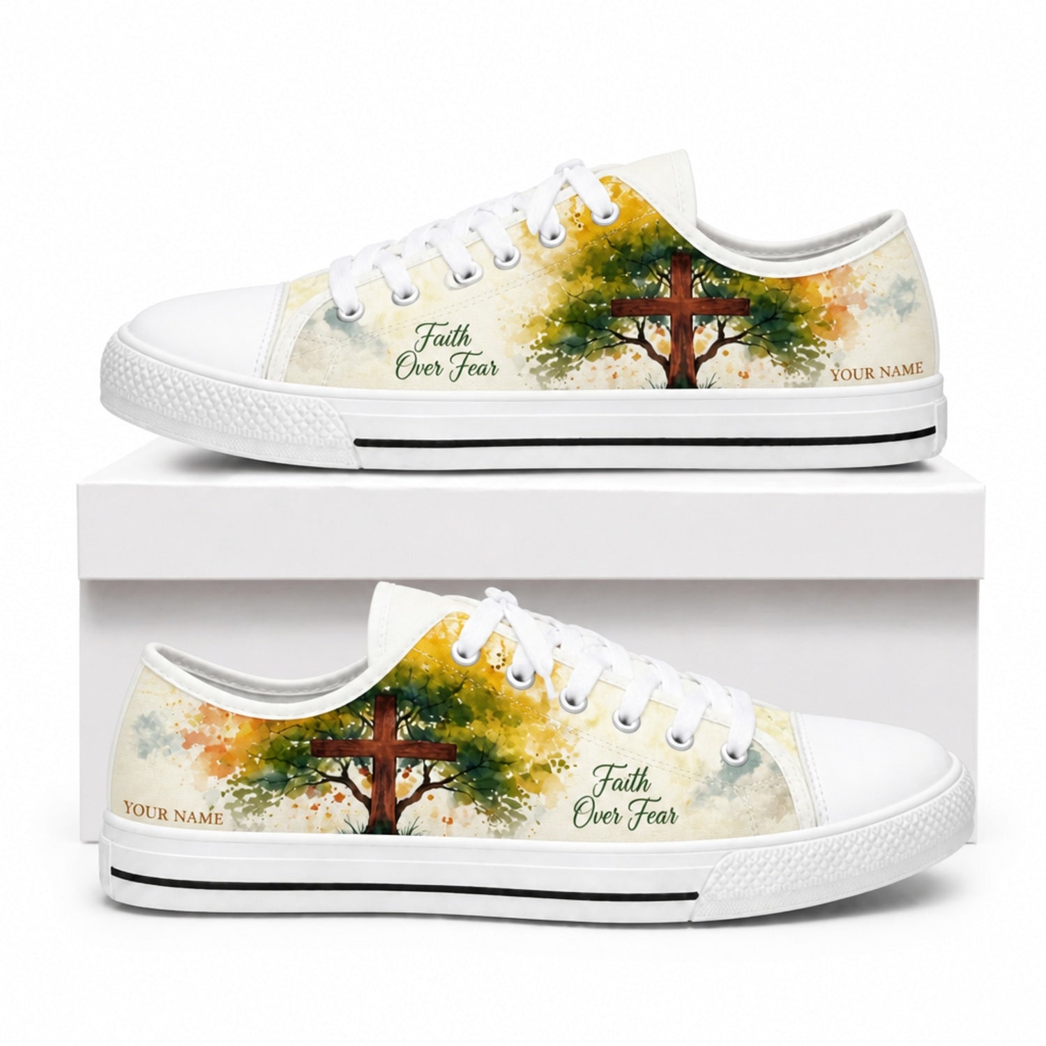 Faith Over Fear Cross Artistic Personalized Low Top Shoes box white  