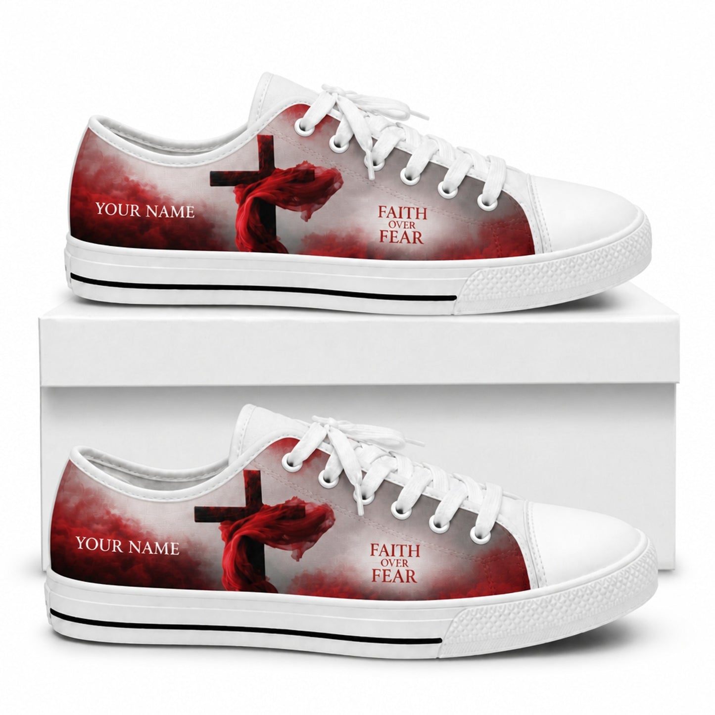 Faith Over Fear Cross Graphic Custom Low Top Shoes box white  