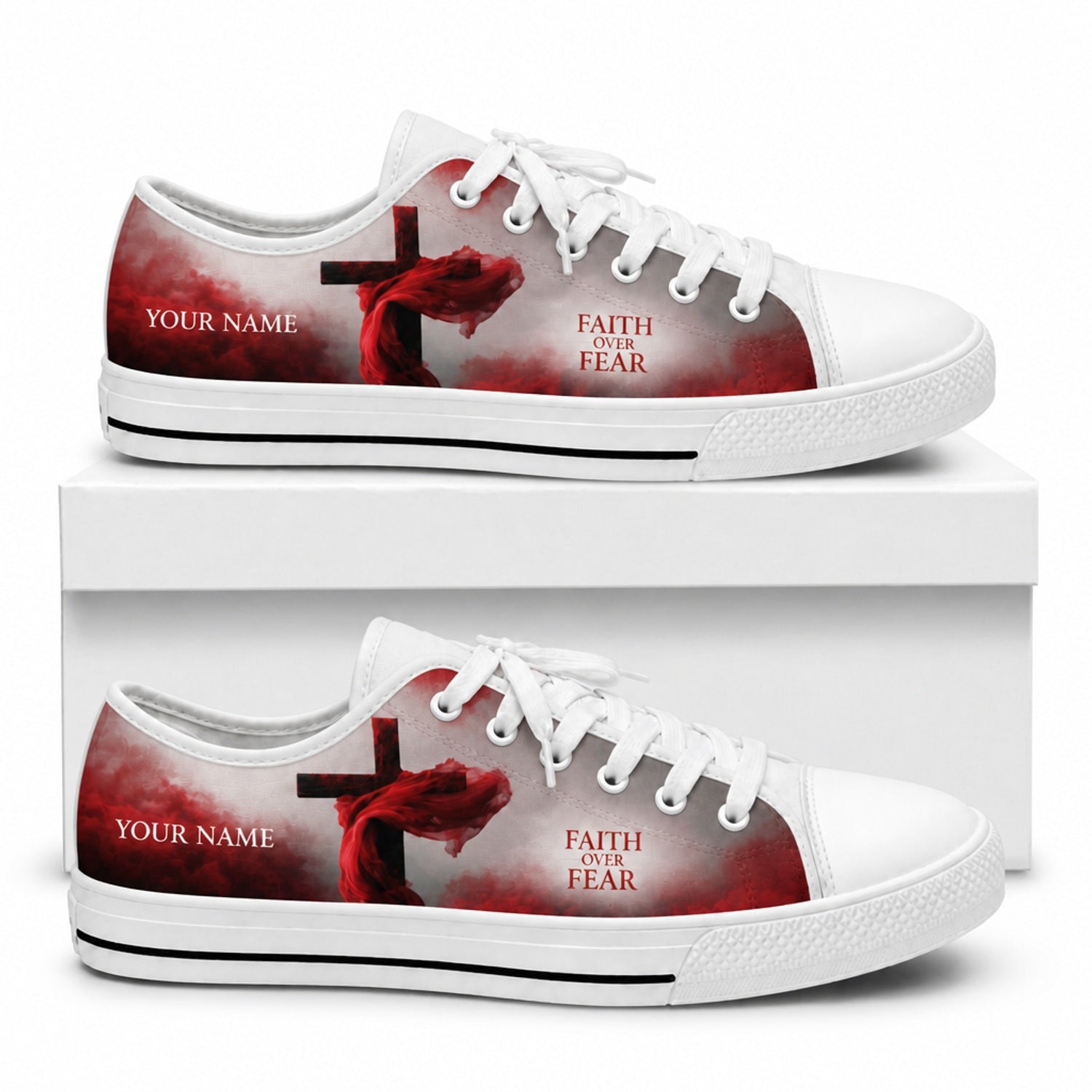 Faith Over Fear Cross Graphic Custom Low Top Shoes box white  