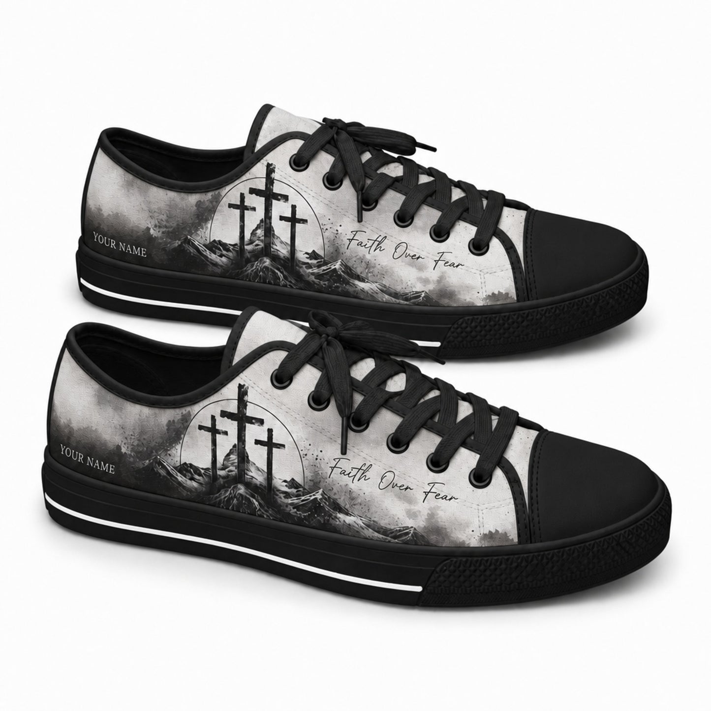 Faith Over Fear Crosses Graphic Personalized Low Top Shoes black shoes  