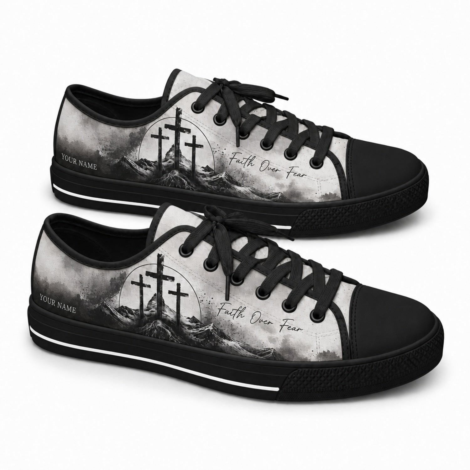 Faith Over Fear Crosses Graphic Personalized Low Top Shoes black shoes  