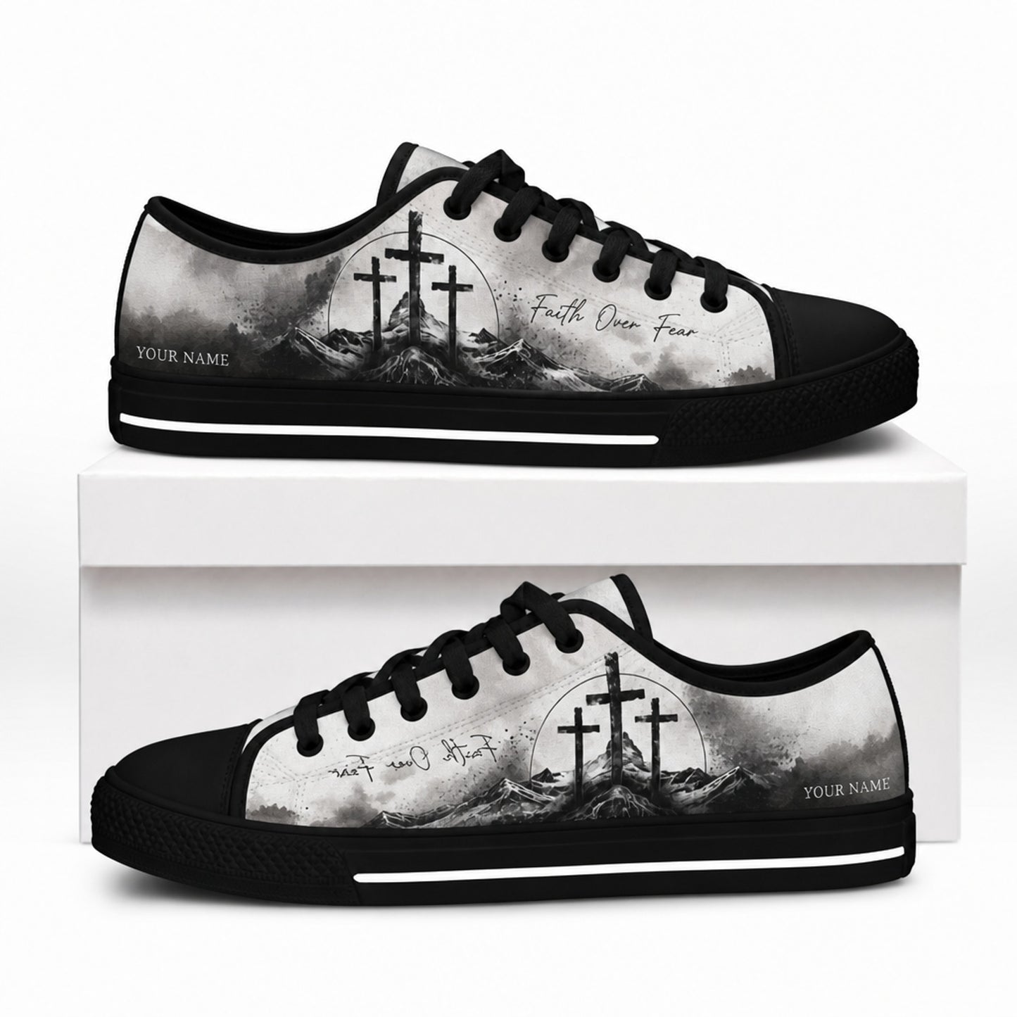 Faith Over Fear Crosses Graphic Personalized Low Top Shoes box black  