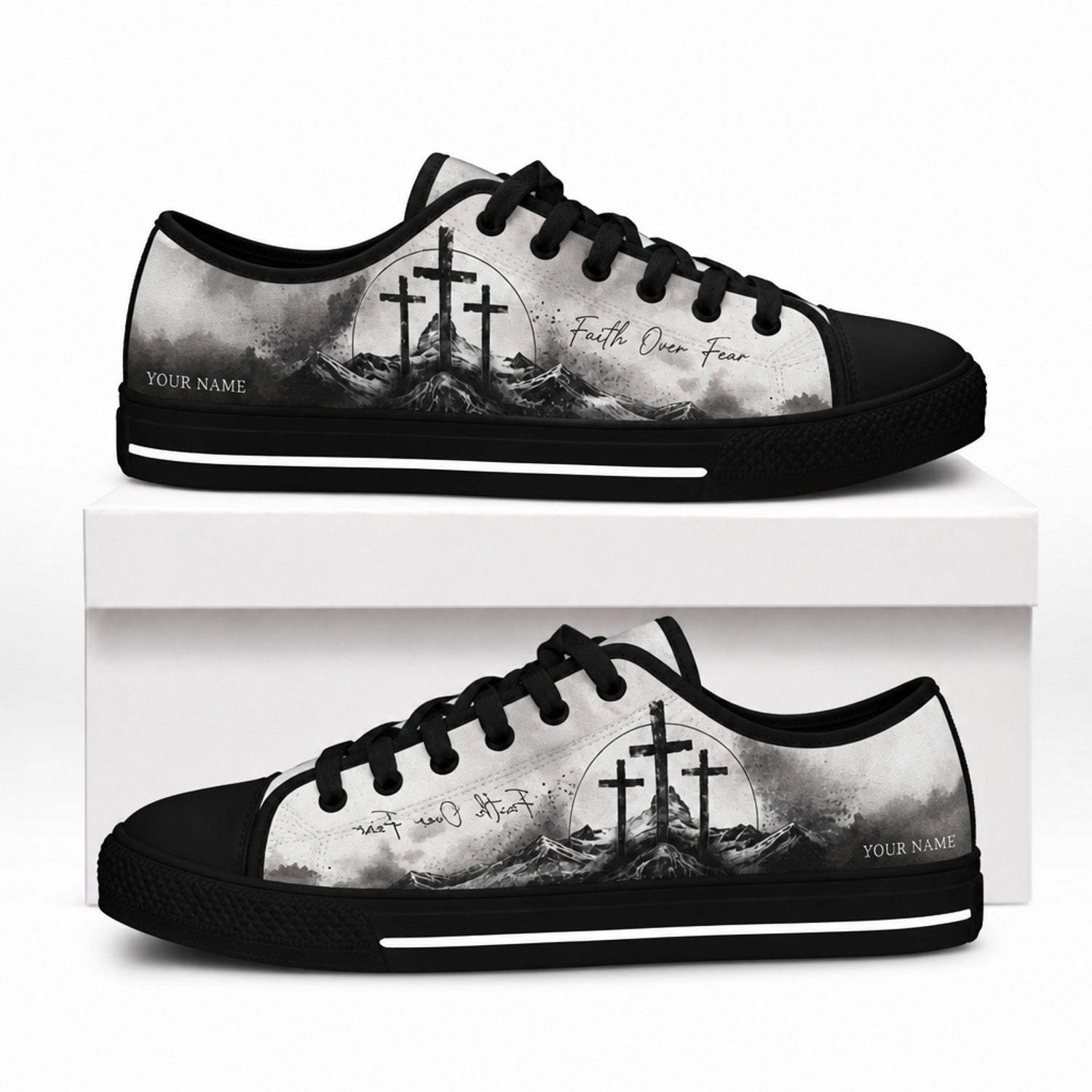 Faith Over Fear Crosses Graphic Personalized Low Top Shoes box black  